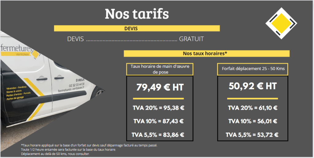 Nos tarifs pose et déplacement Fermetures Ventoises